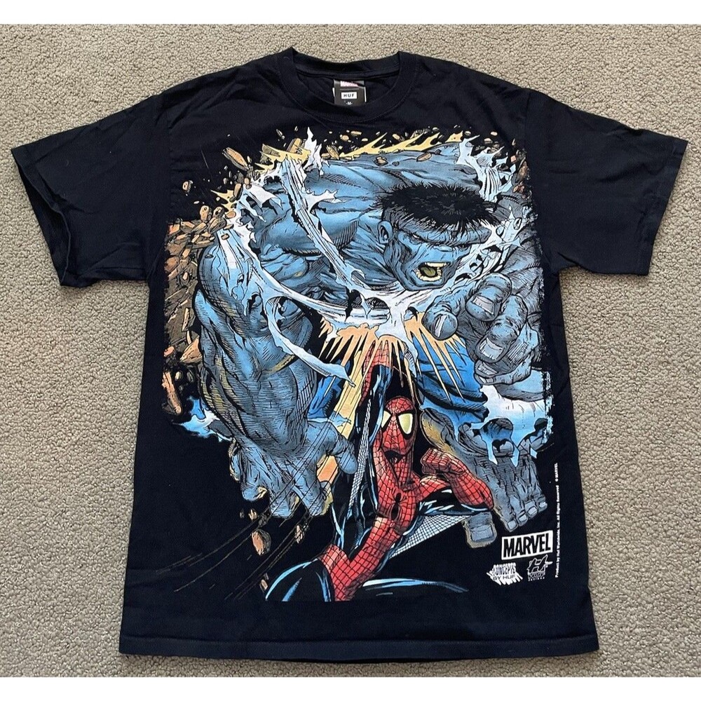 HUF x Marvel Shirt M Black Hulk Spider-Man Graphic AOP